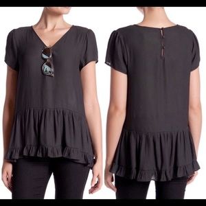 Ro + De Anthropologie Black Ruffle Bottom Short Sleeve Shirt